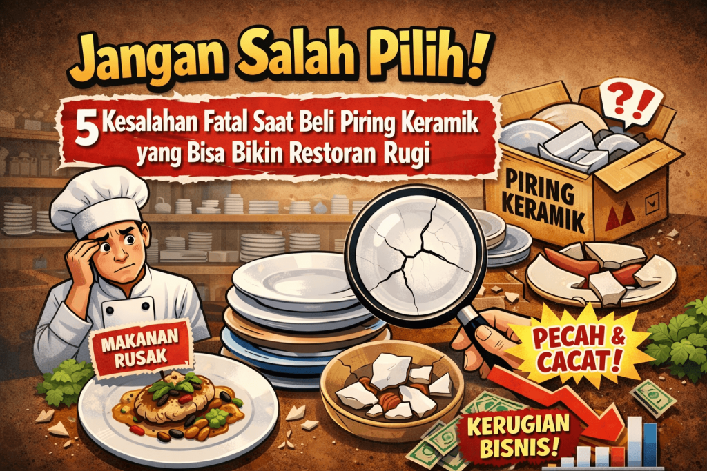 Perbandingan piring keramik biasa yang cuil dan retak dengan piring stoneware premium Biterashop yang murni untuk restoran HORECA